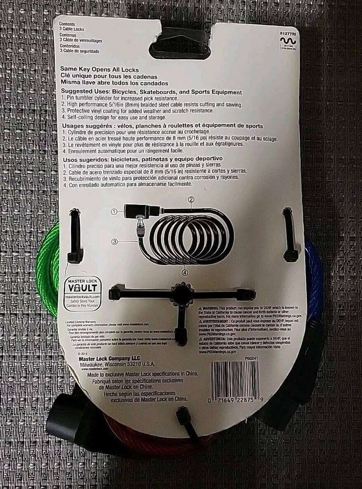 Master Lock 6ft. Keyed Cable Lock, Bike Lock, 3 Pack