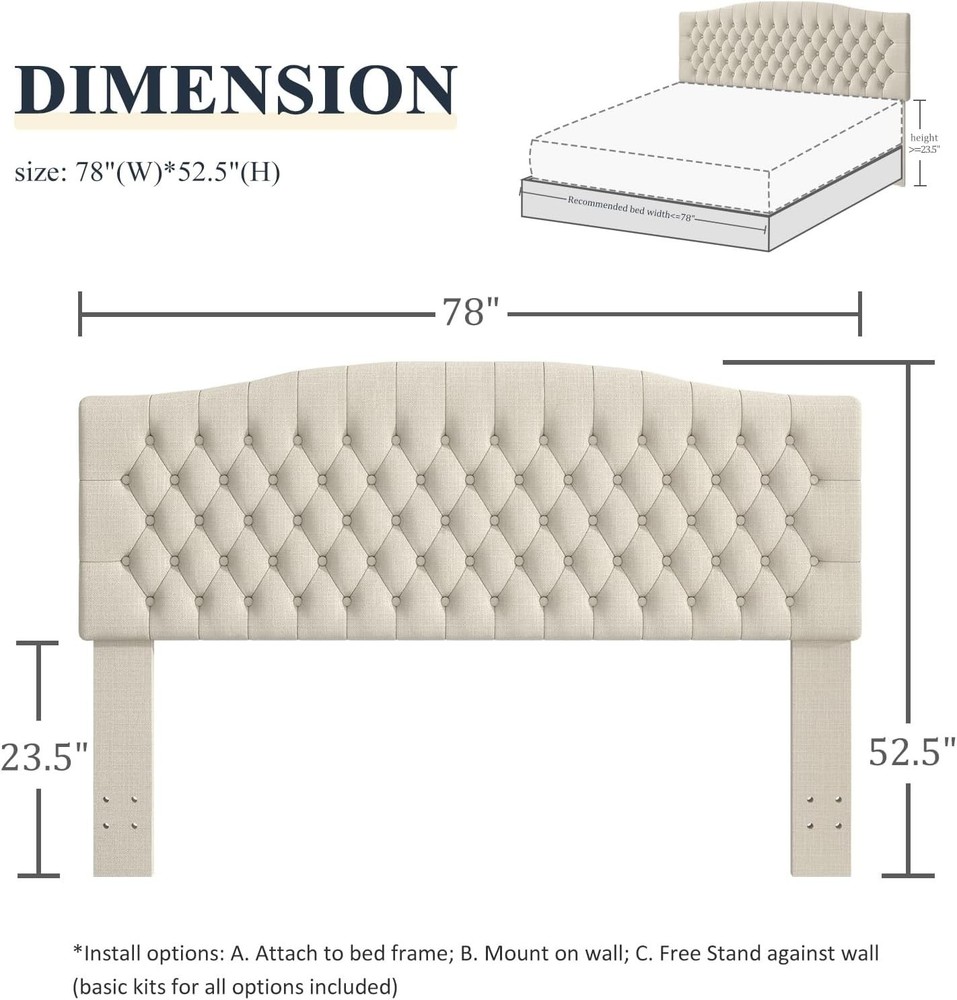 King Headboard Upholstered Wall Mount Tufted Linen Ivory for Adjustable Bed