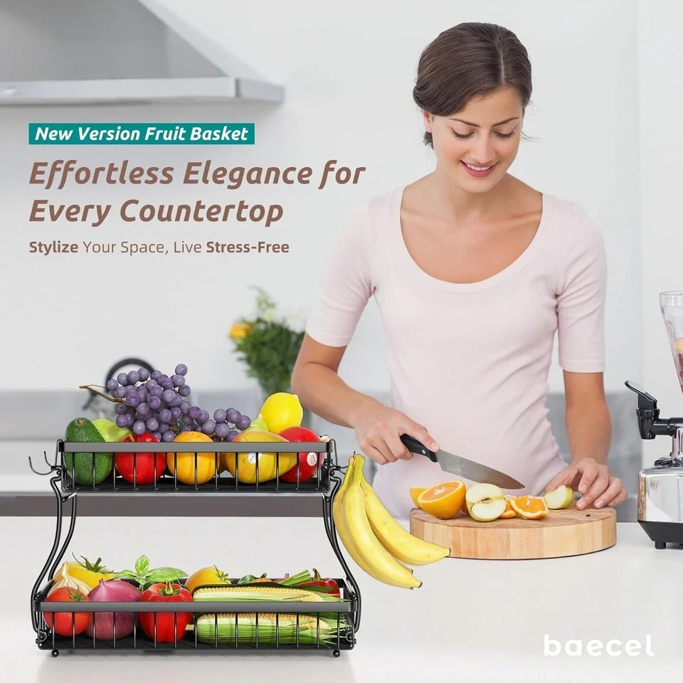2 Tier Fruit Basket with 4 Banana Hangers, Improved Fruit Bowl for Kitchen Count
