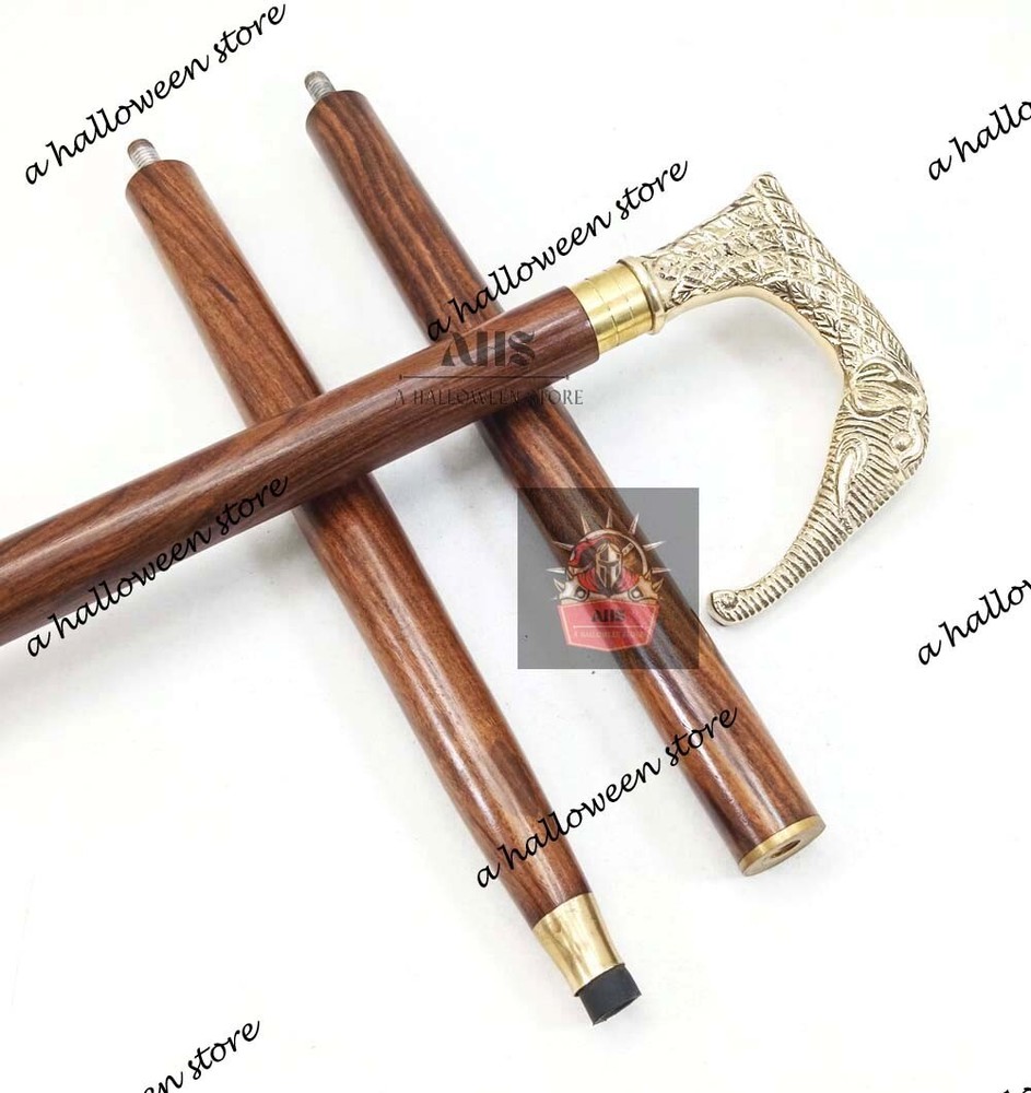 Solid Brass Elephant Head Handle Antique Brown Wooden Walking Stick Cane Gift
