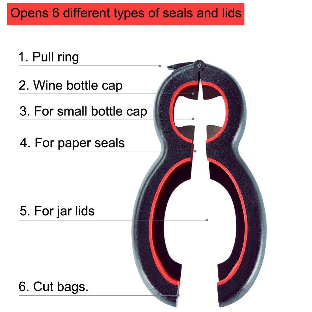 Medsuo Jar Opener 6 in 1 Multi Function Bottle Small, Black and red