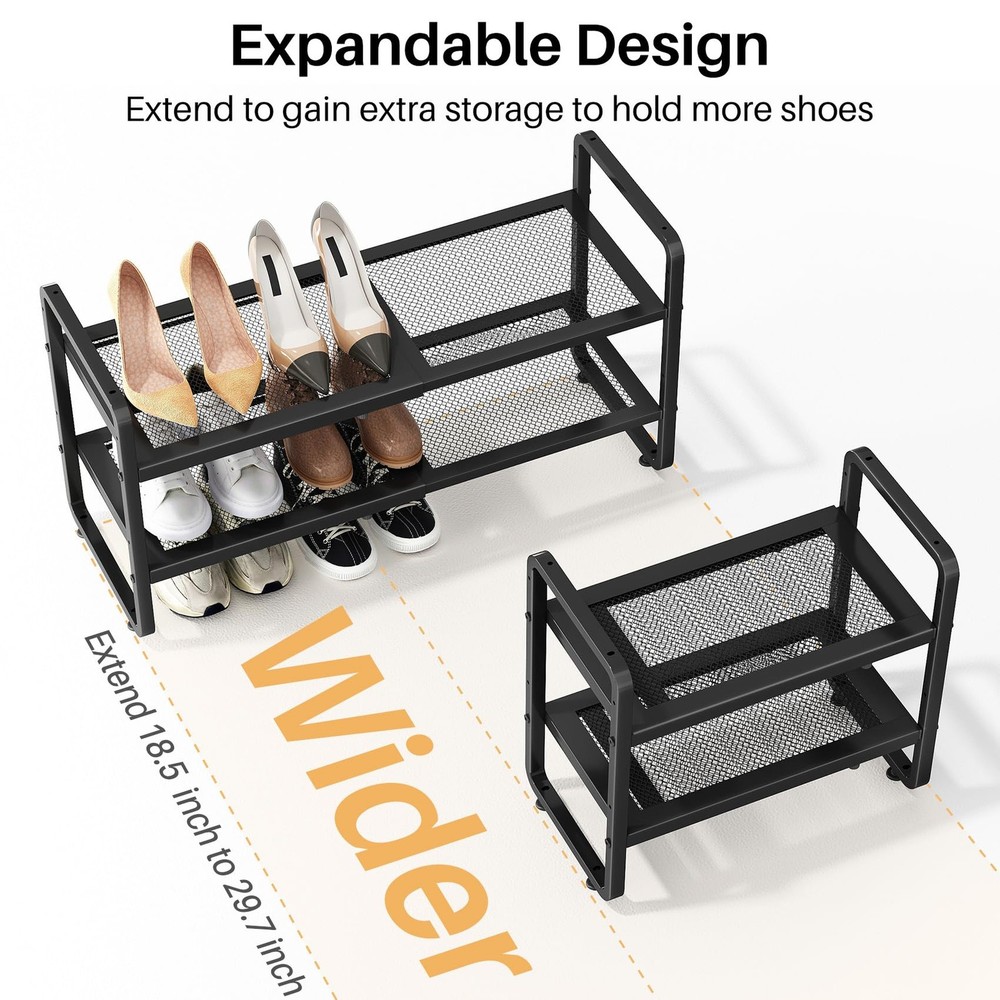 SNTD Shoe Rack - Expandable Organizer for Closet, 2-Tier, Black