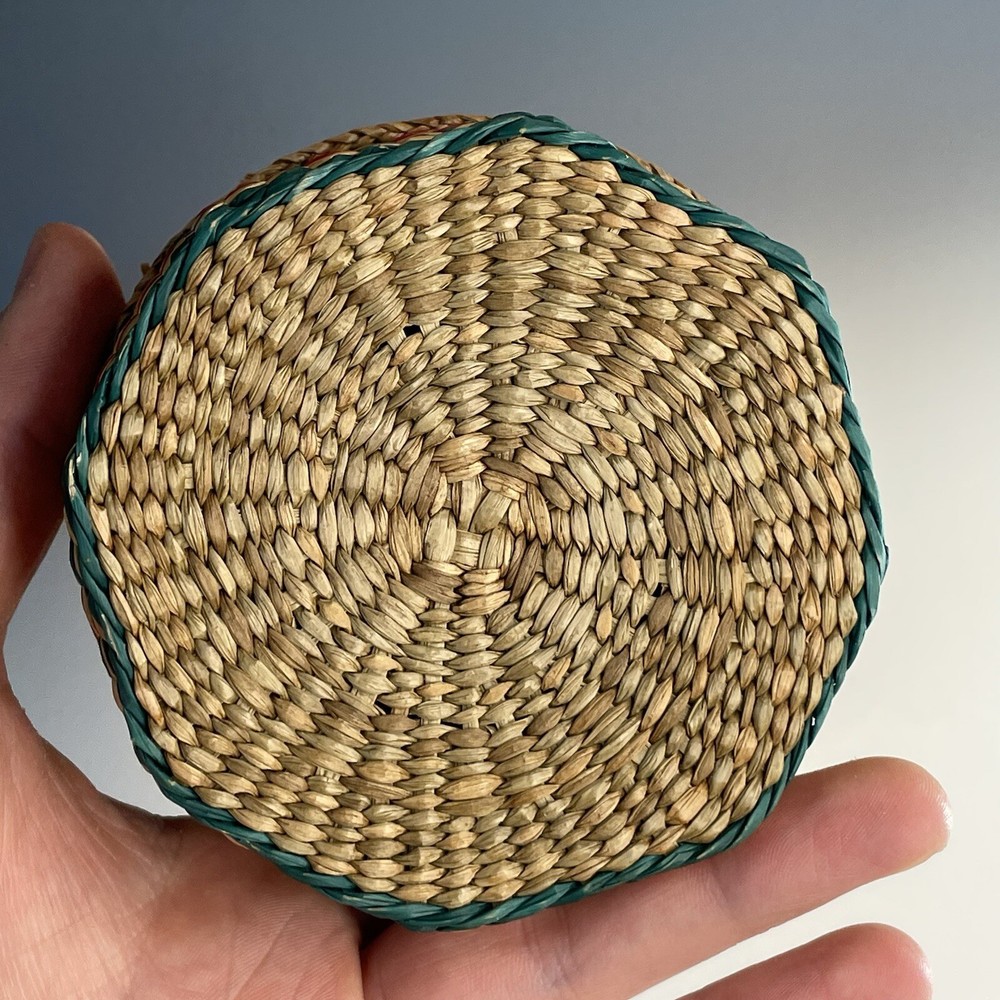 Small Vintage Polychrome Sweetgrass Octagonal Basket Woven Box