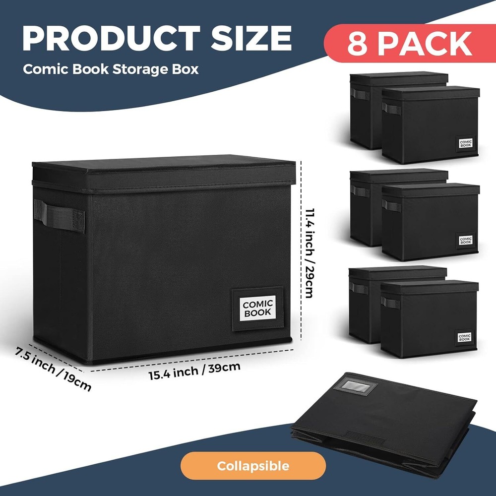 8 Pack Comic Book Storage Boxes 15.4 x 7.5 x 11.4 Comic Book Box Collapsi