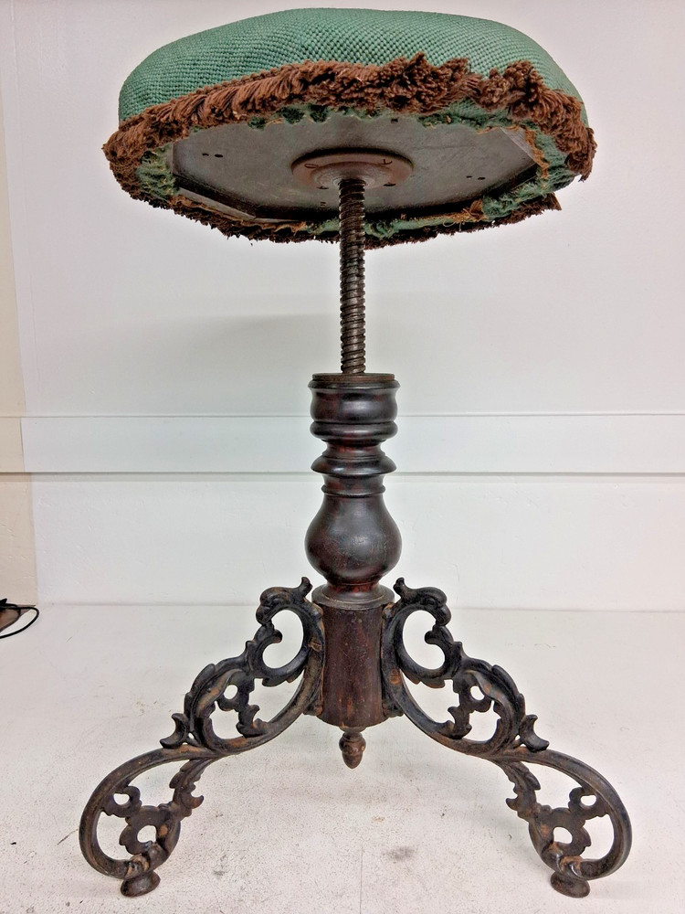 1800’s H D Bentley Upholstered Piano Stool Scrollwork CastIron Legs Original Con
