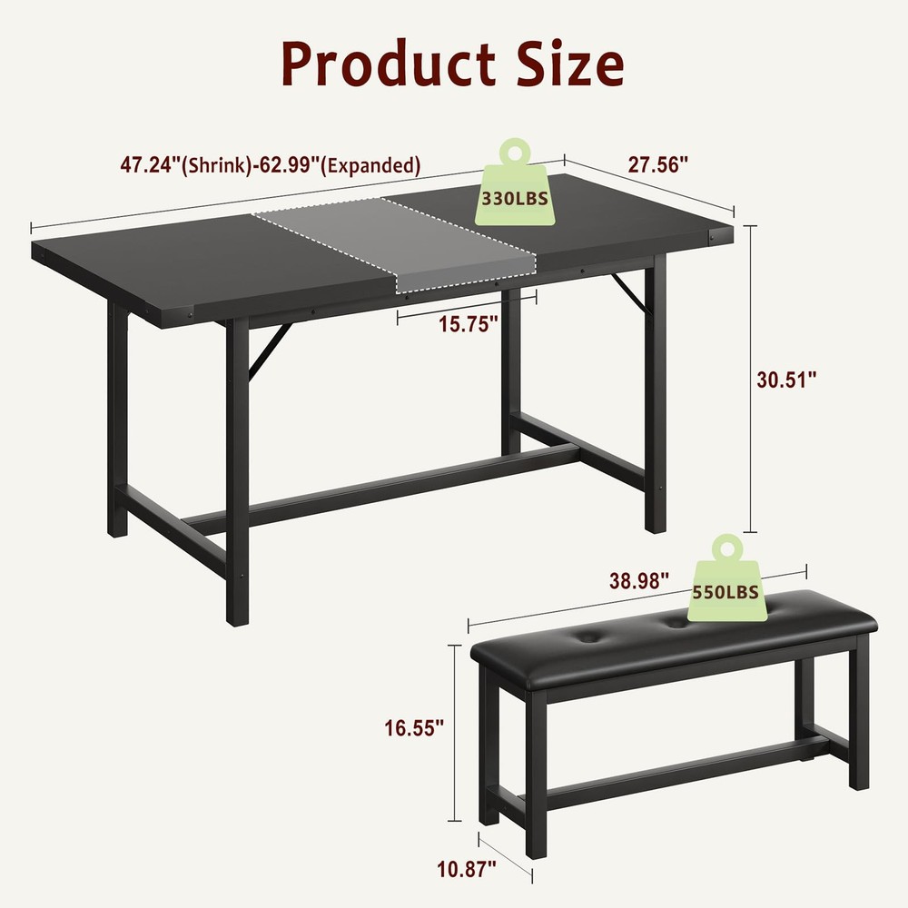 5 Piece Extendable Dining Table Set for 4-6, Kitchen Table & 2 Upholstered Be...