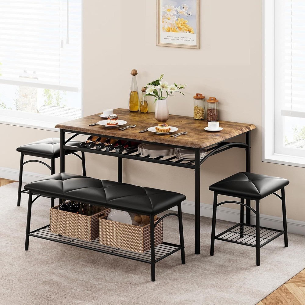 ☑️Kitchen Table Set for 4 with Storage Shelves for Small Space Apartment Bench