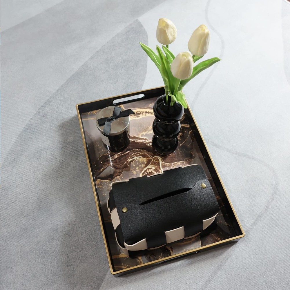 Leemxiiny Black Marbling Decorative Tray w/ Handles - Modern Plastic Rectangular