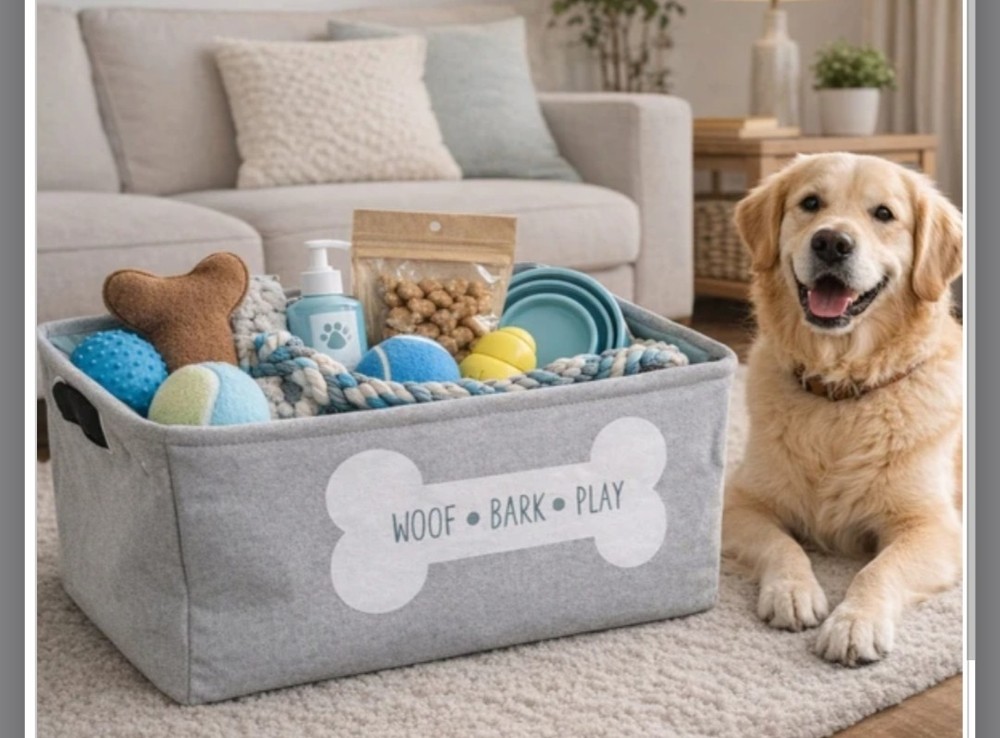 Winifred and Lily 17"x13" Grey w/ Teal Inside Linen Rectangular Pet Storage Bin