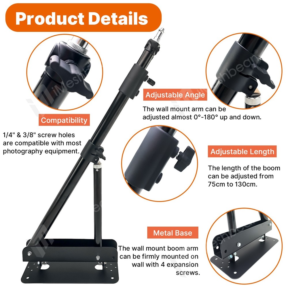 51" Wall Mount Triangle Boom Arm for Ring Light, Monolight, Softbox & Reflector