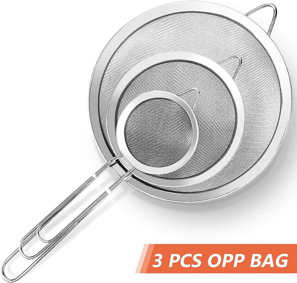 3 Pcs Super Wire Extra Fine Mesh Strainer with Handle, Small Medium Large Size S