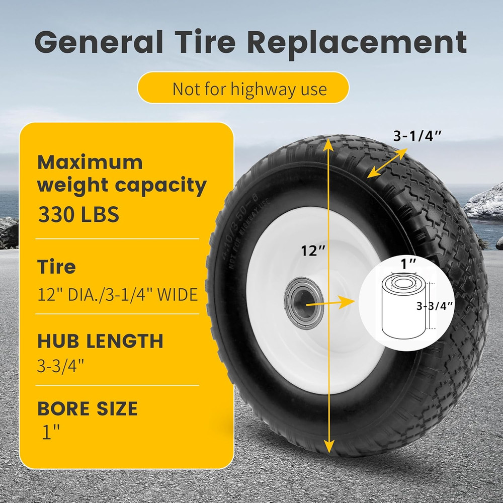 12" Flat-Free Solid Polyurethane Replacement Tire | 1" Bore, Centered Hub | Fits