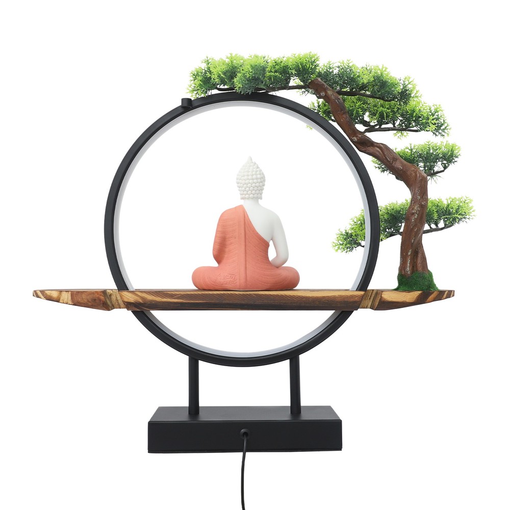 Desktop Decorative Buddha Statue Ornament Home Decor with Green Artificial Tree