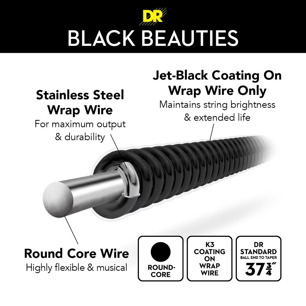 DR Strings BLACK BEAUTIES - BLACK Colored Bass Strings: 5-String Light 40-120