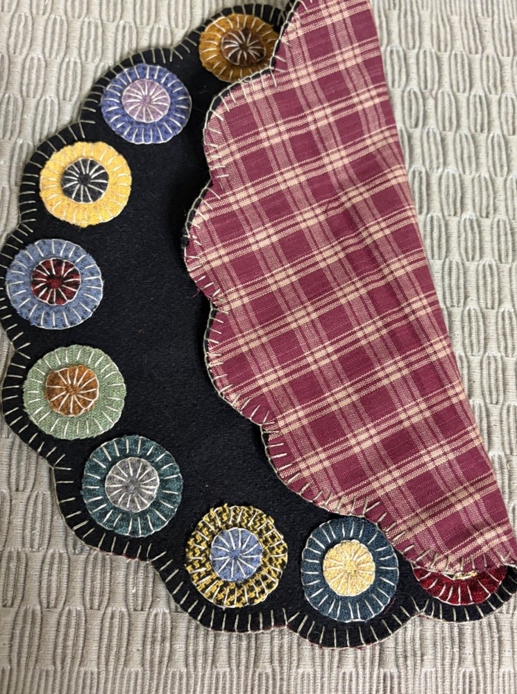 Hand Stitched Primitive Wool Penny Candle Mat 11”