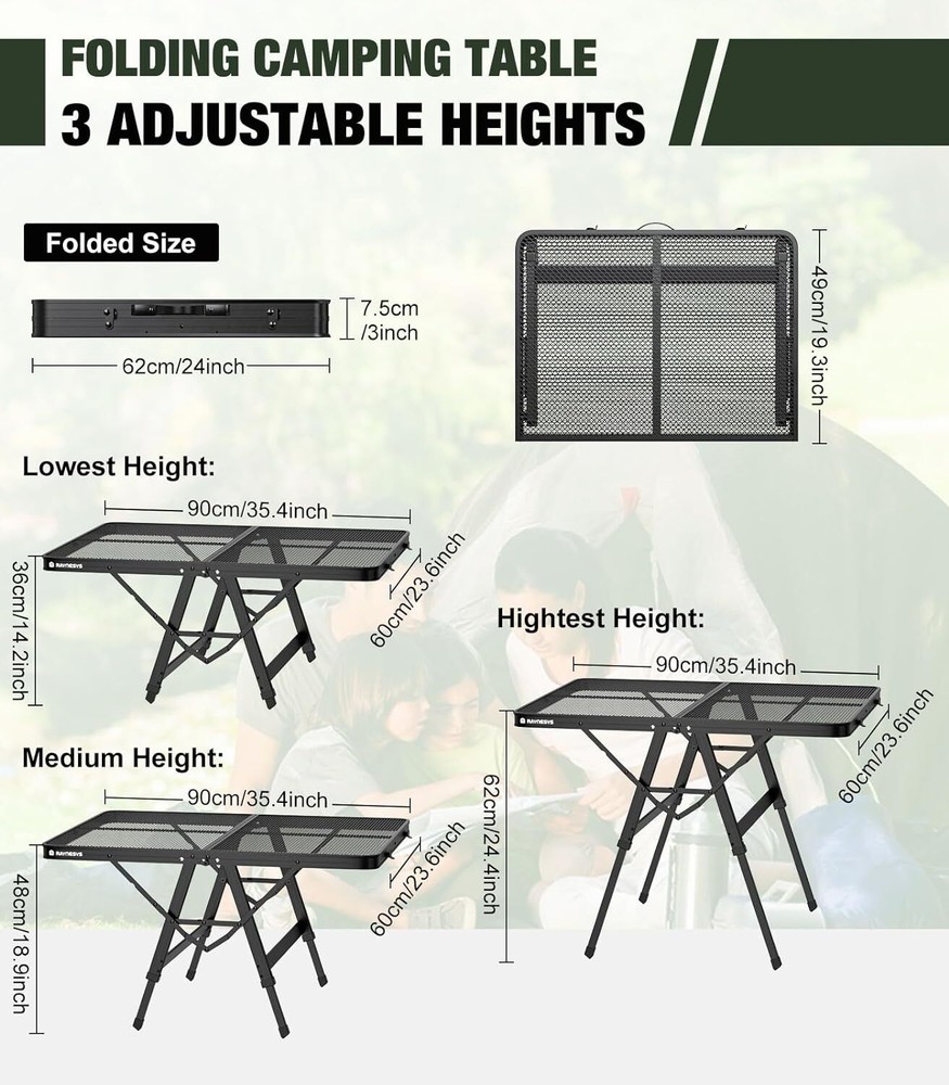 Foldable Grill Table with Mesh Desktop, 200lbs 3Ft Portable Folding Table, Heigh
