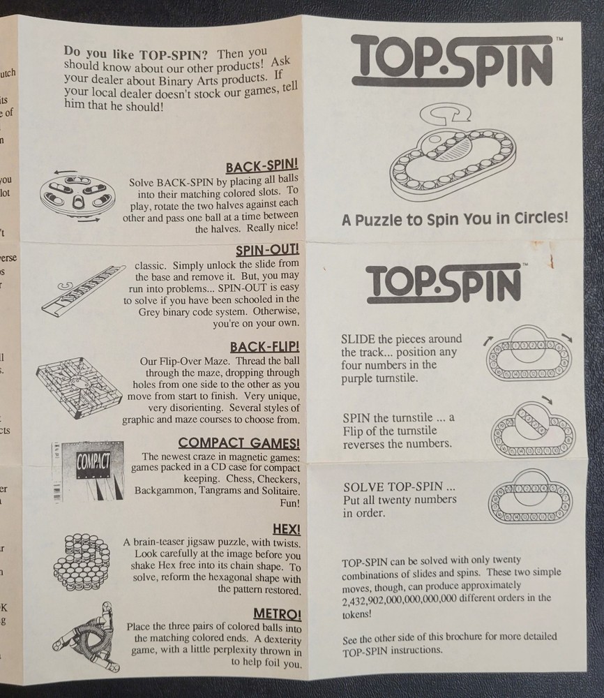 Vintage - Instructions ONLY - TOP-SPIN - Binary Arts