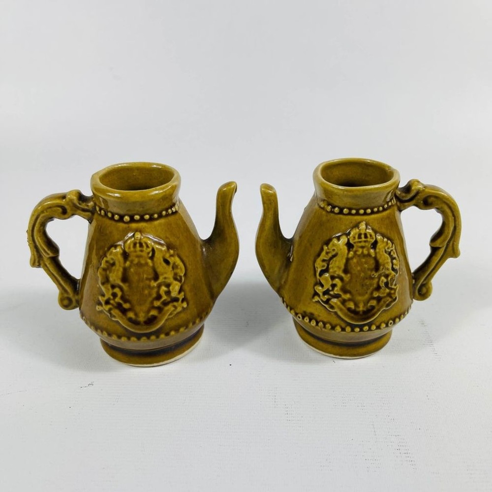 Two Green Vintage Mini Pitchers with Crest 2 3/8”