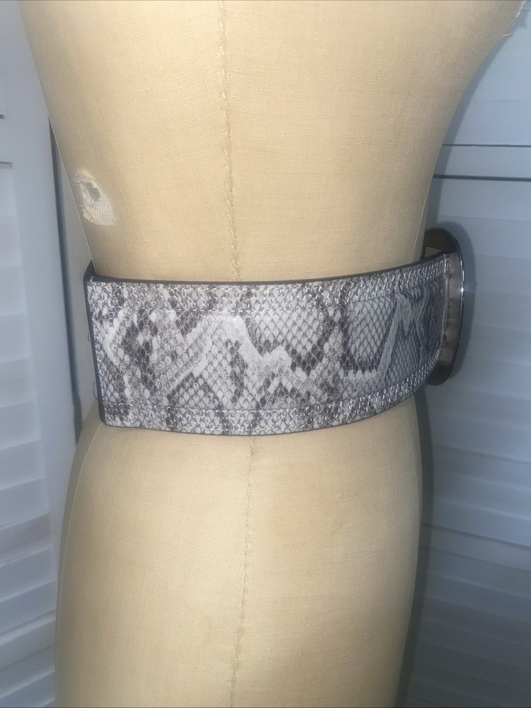 Python Snake Skin Leather Belt Stretch Back 3” Wide Silver Tone Double Buckle M
