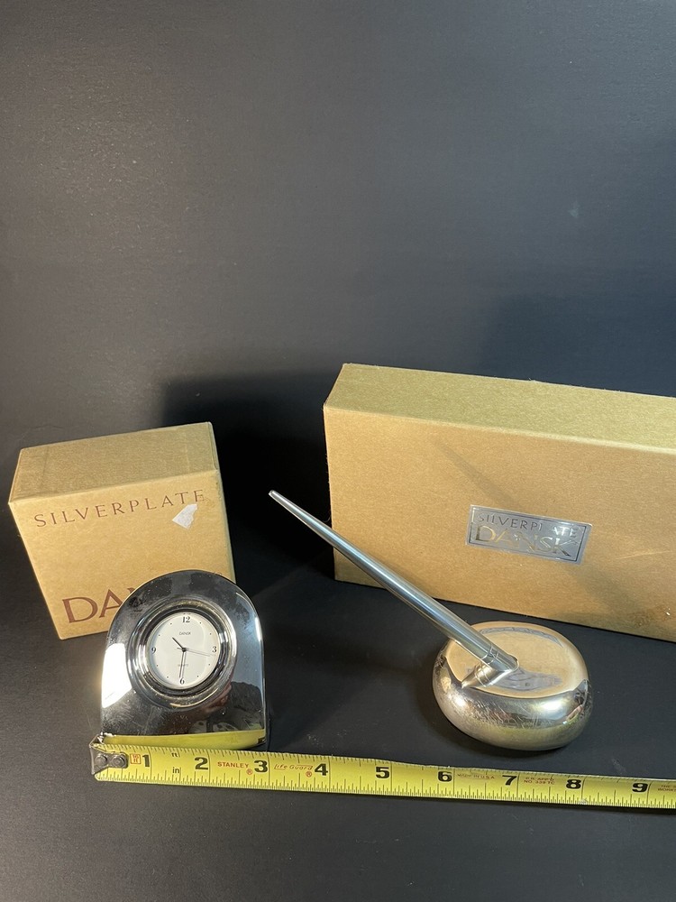 Silver Plate Dansk Clock And Pen Set -as Is Not Working
