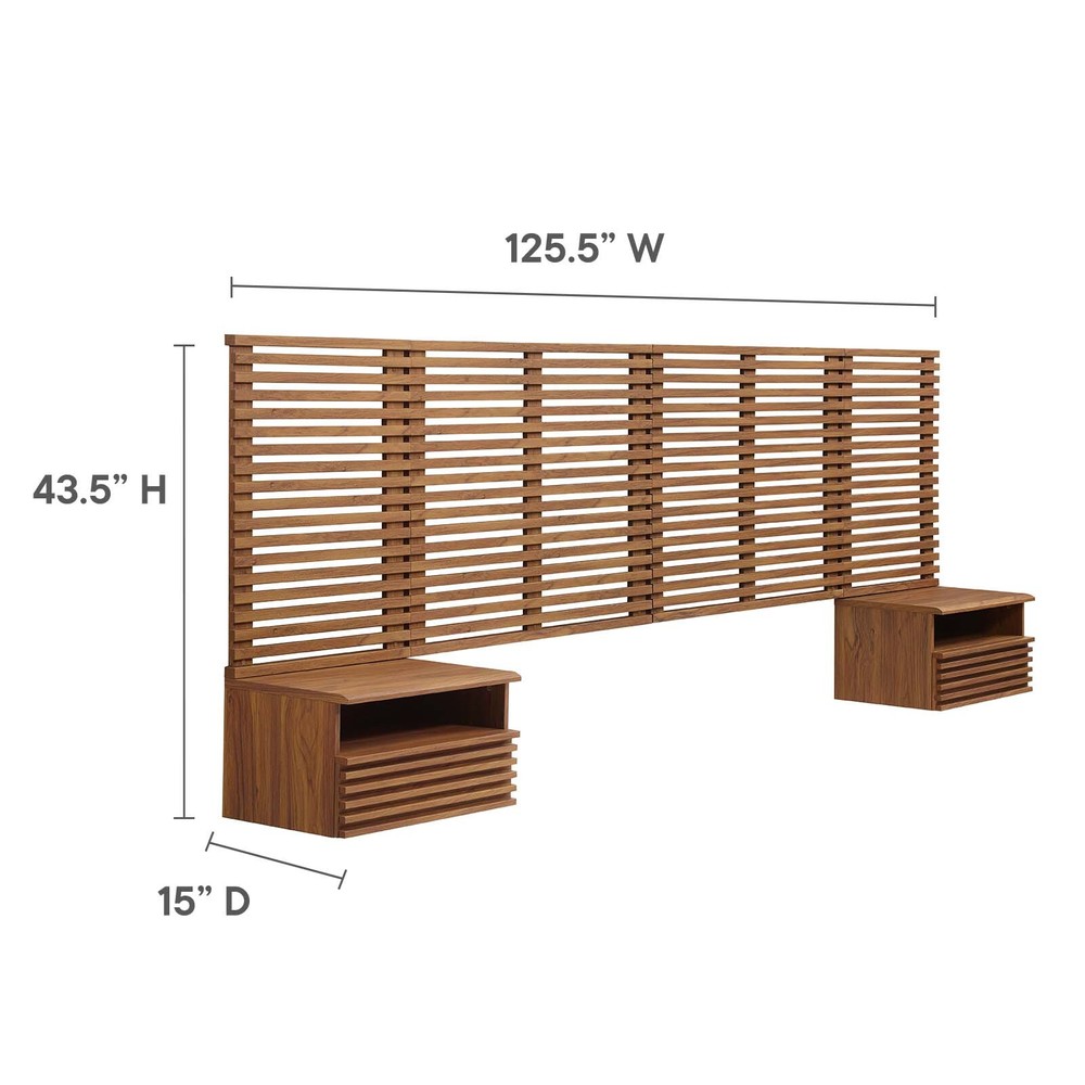 Modway Render Wall Mount King Headboard and Modern Nightstands in Walnut