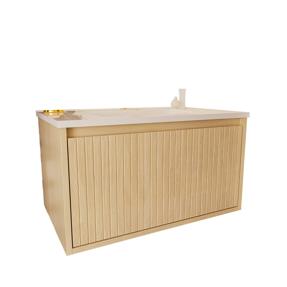 30" Bathroom Vanity Cabinet w/Ceramic Sink Wall Mounted Floating Fluted Vanity
