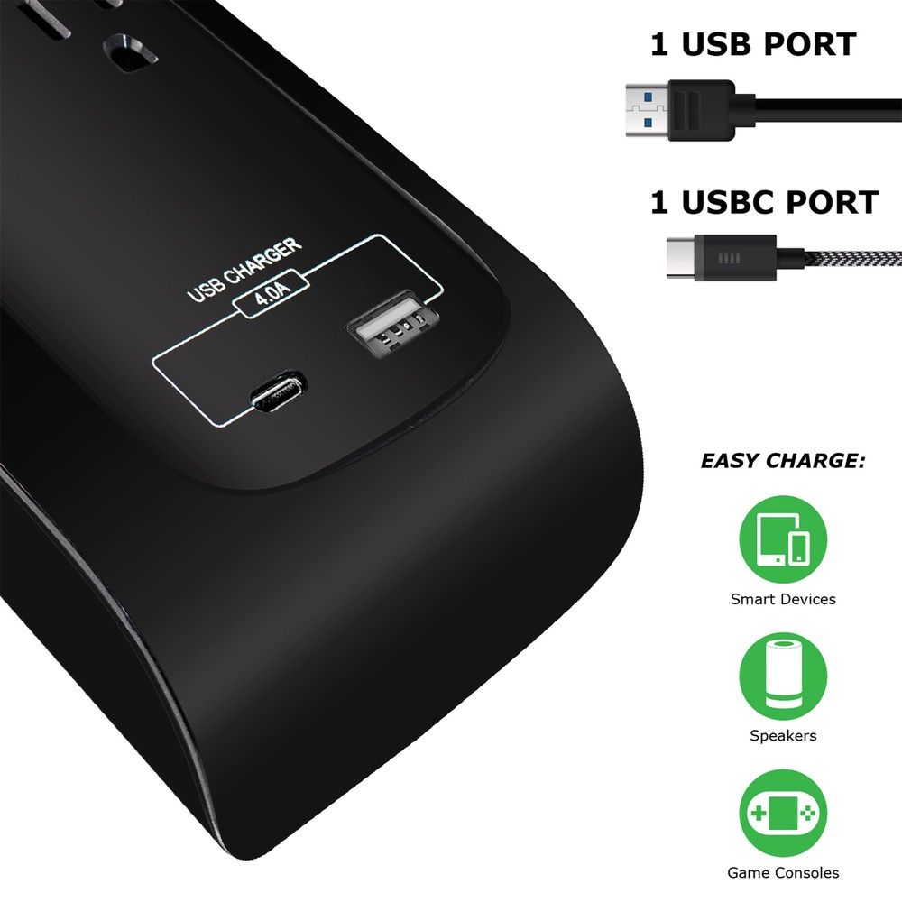 Surge Protector with USB-C, 8 Outlet, 6 FT, Black