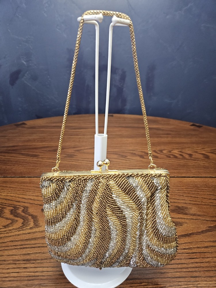 La Regale Beaded Evening Bag Abstract Pattern Gold/Silver/Copper W/ Chain Strap