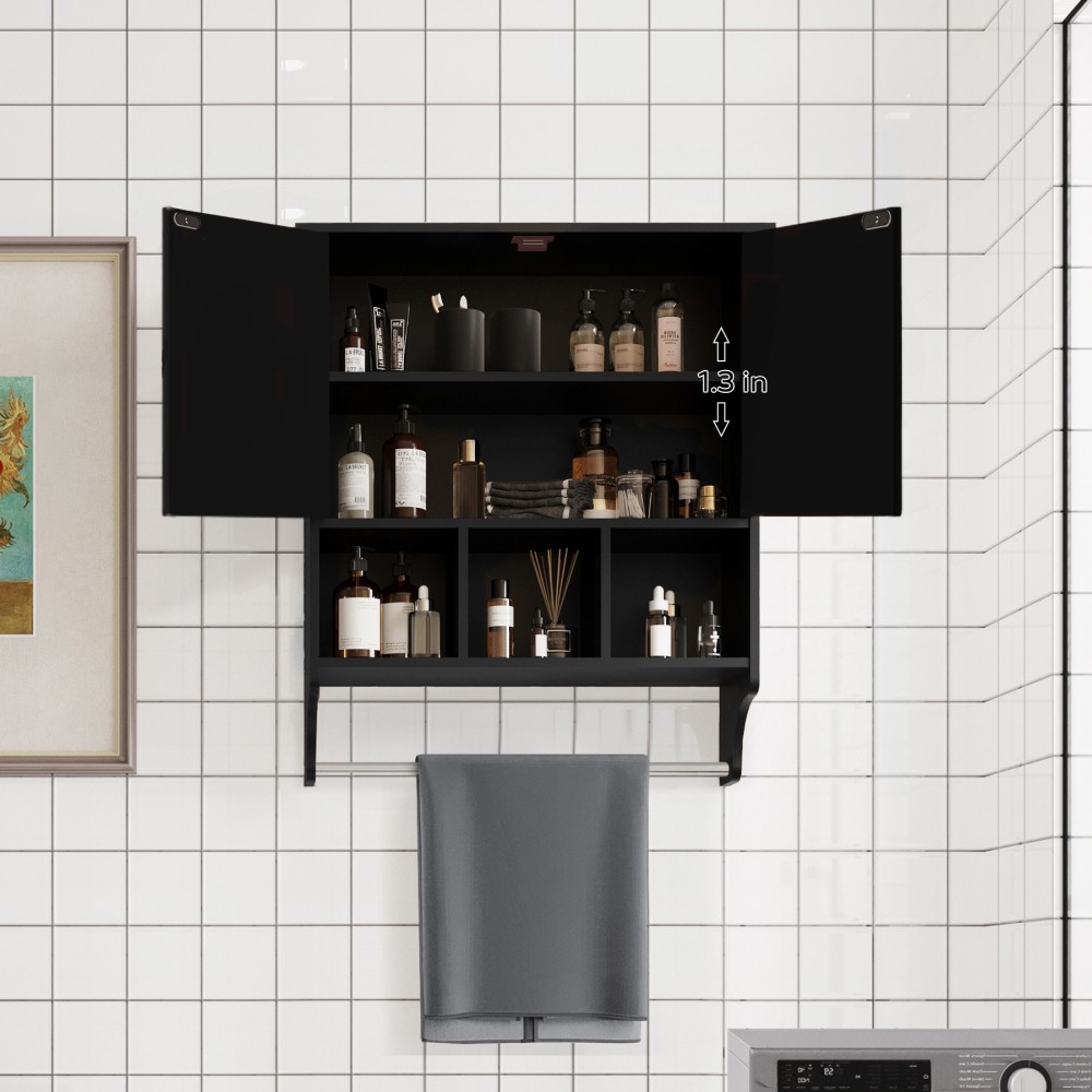 Bathroom cabinet with adjustable shelves and compartments, includes towel rack