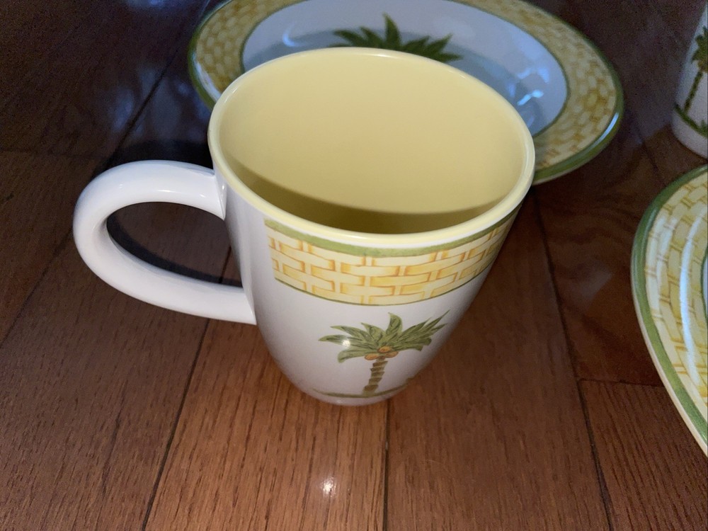 Tabletop Unlimitted Tropical Palm Tree Leaf 6 Dinner Plates & 3 Cups. Yellow