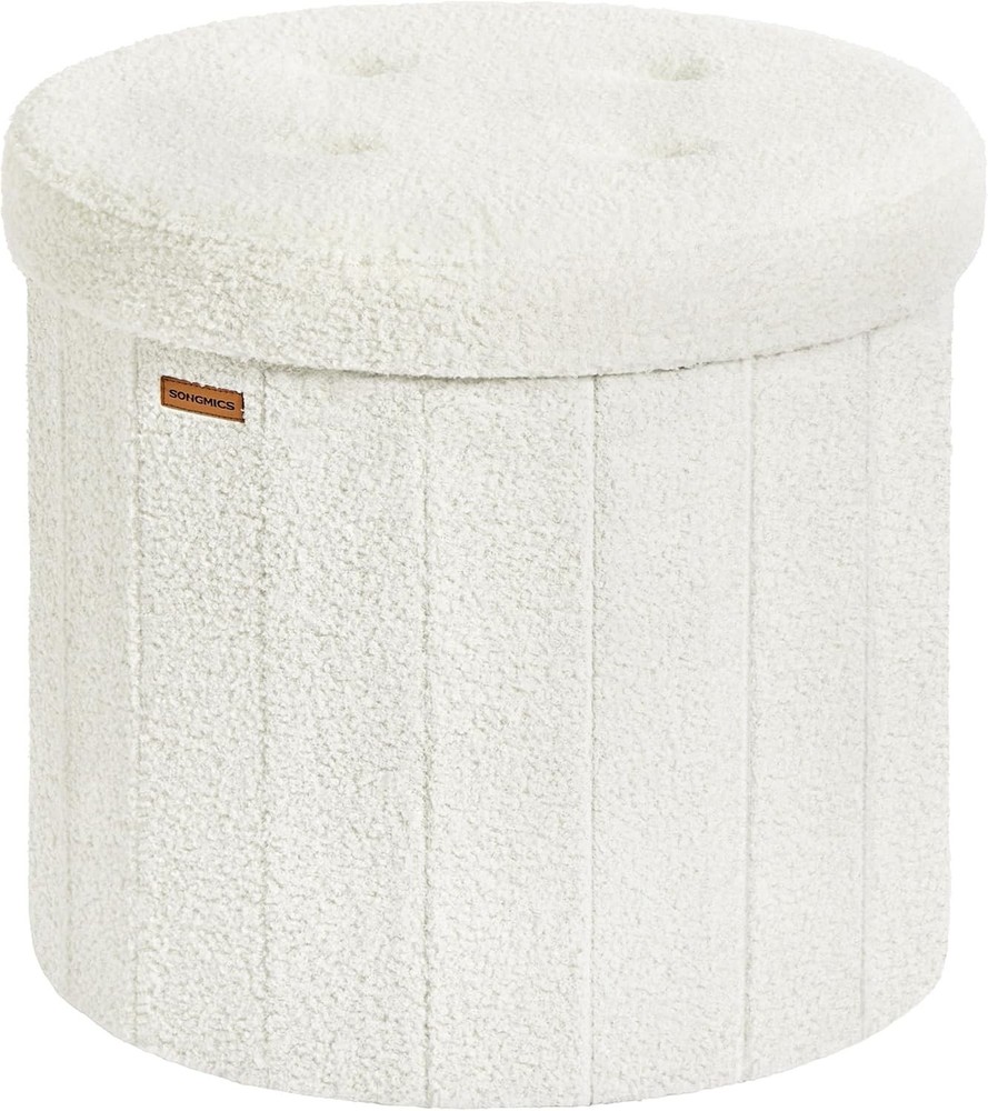 Round Storage Ottoman, Folding Footrest Stool with Removable Lid Cream White