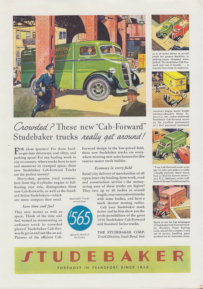 Crowded? New Studebaker Cab-Forward Trucks really get around ad 1936 T