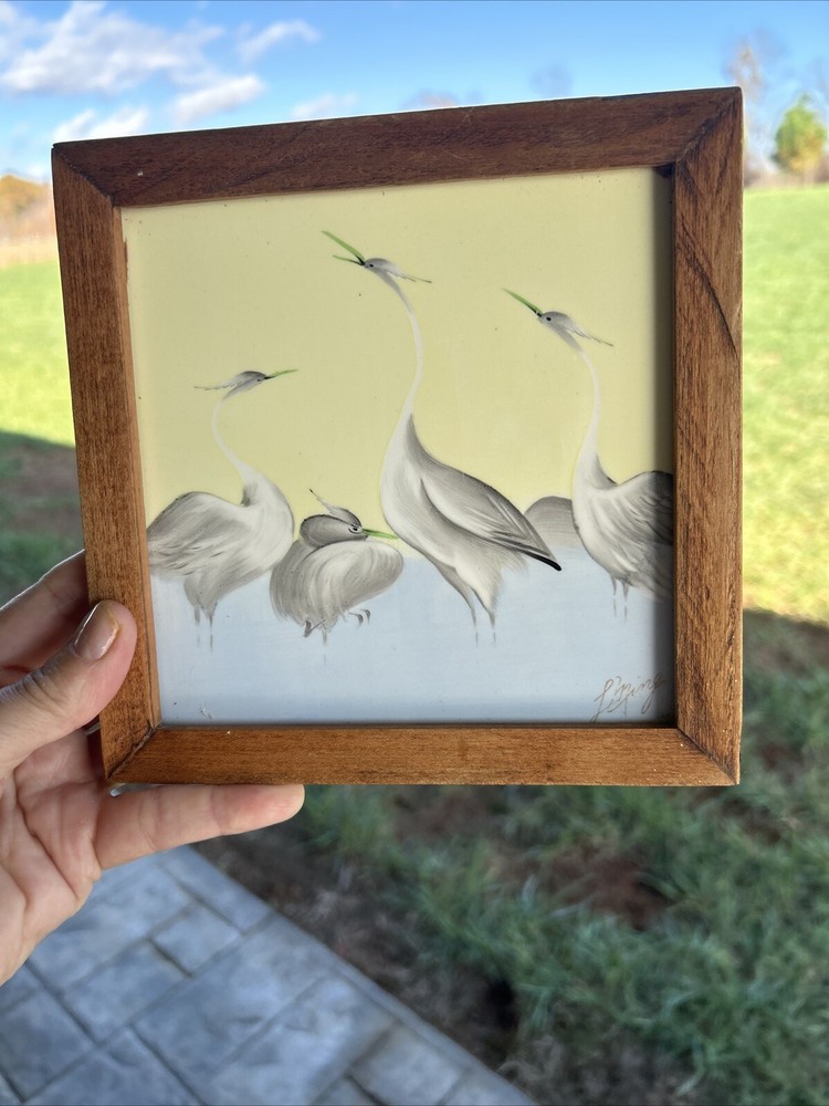 Vintage Art Tile Framed Signed Hand-Painted Cranes