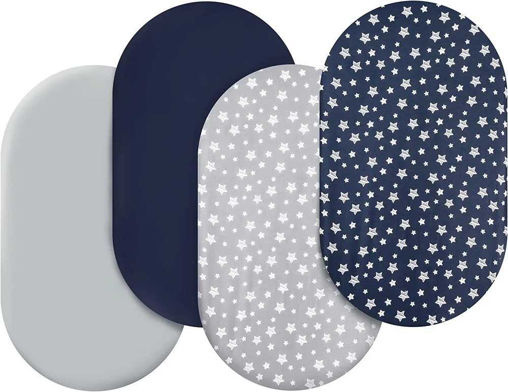 Bassinet Sheets Boys 4 Pack for Oval/Hourglass/Rectangular Mattress 32"×17" Navy