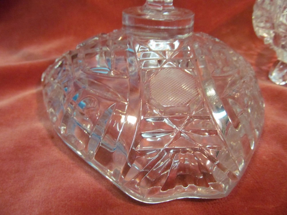 8 3/4" TRIANGULAR PRESSED GLASS LIDDED & FOOTED CANDY DISH WITH SPIKE SPIRE