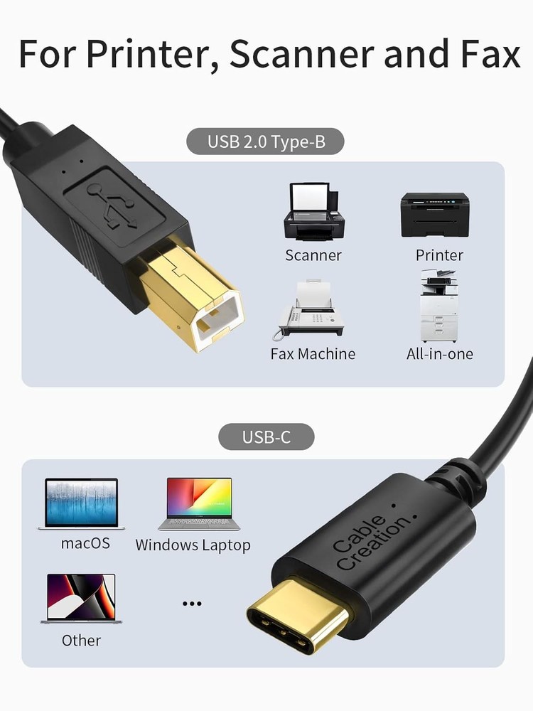 CableCreation USB B to C Printer Cable 6.6FT, Type B Black