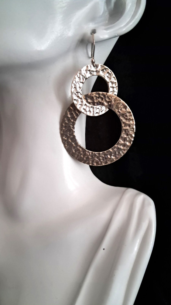 Amparo Mexico 925 Sterling Silver Hammered Double Circle Pierced Dangle Earrings