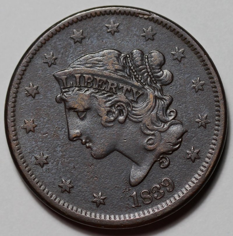 1839 Coronet Head Large Cent - Booby Head - US 1c Copper Coin