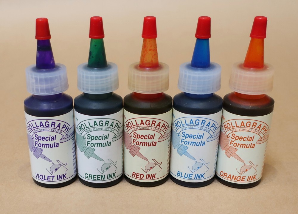 FIVE ASSORTED ROLLAGRAPH INK BOTTLES HARDLY USED