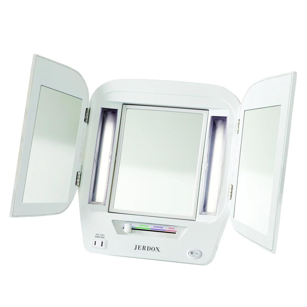 Modern Lighted Tri-Fold Makeup Mirror -with 5x Magnification and Multiple Lights