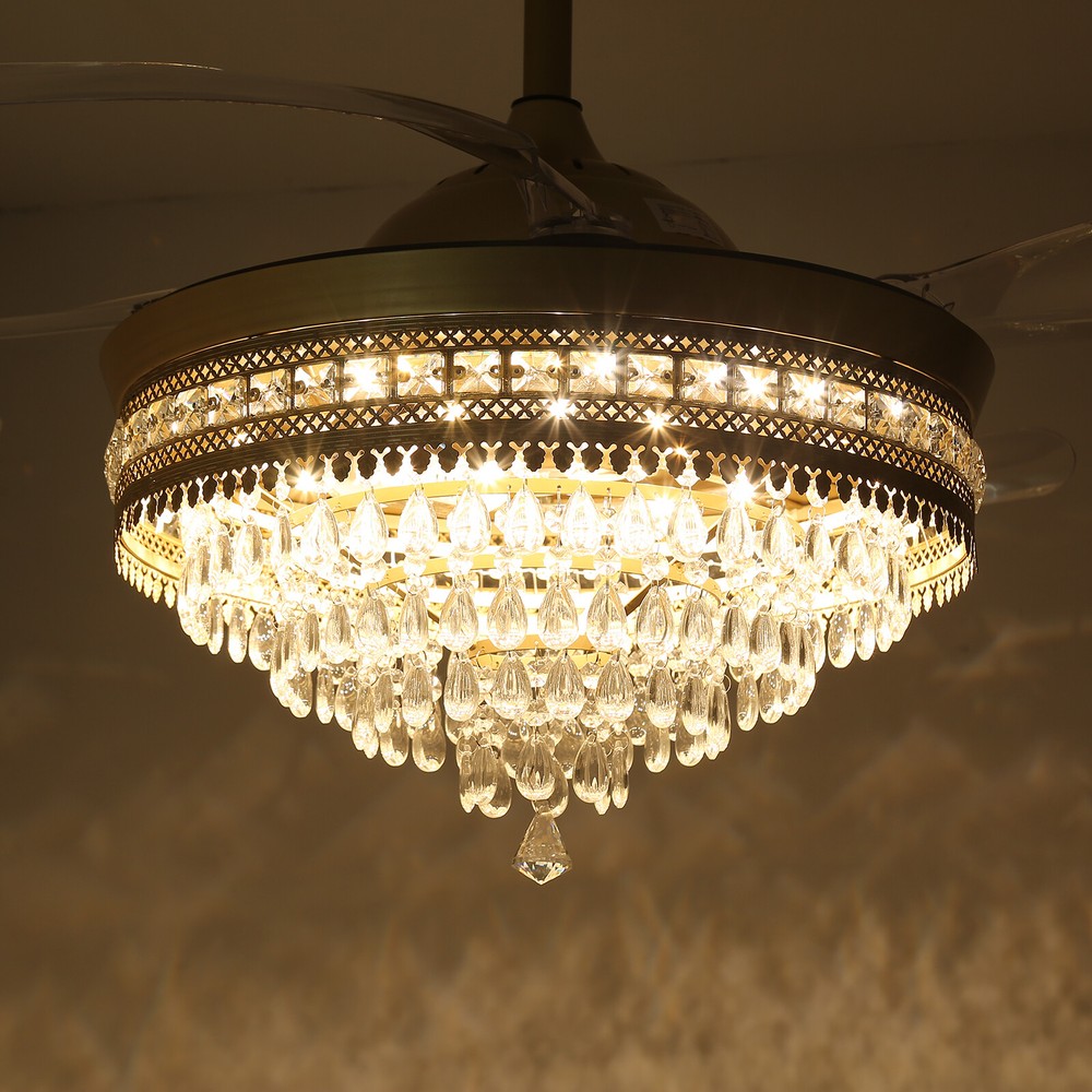 Modern Crystal Ceiling Fan Light with Remote Control and LED Illumination