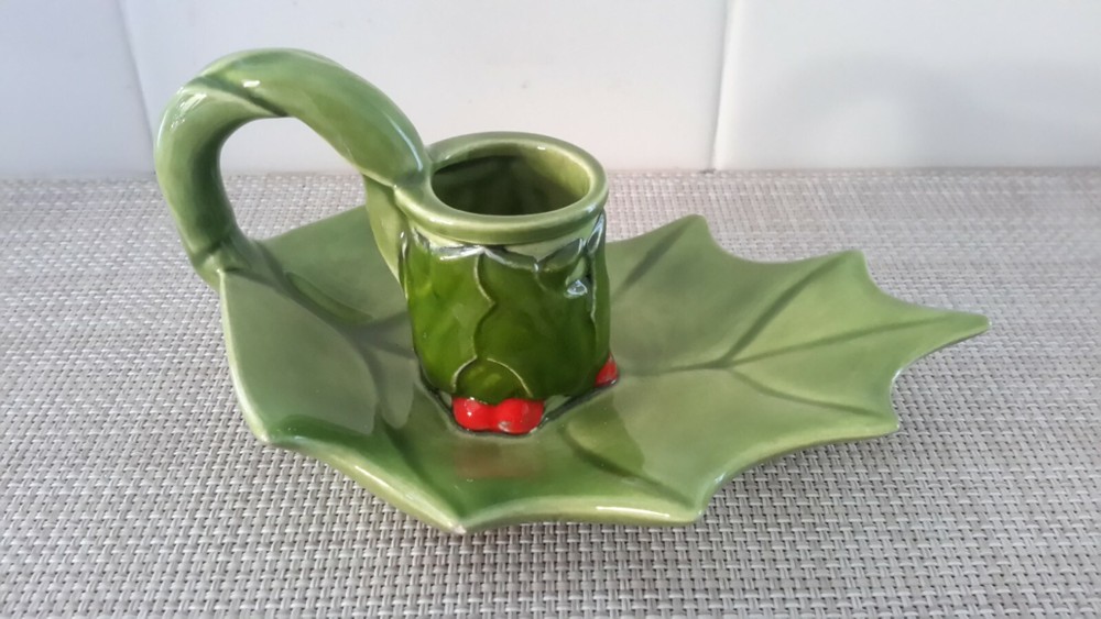Handmade Glazed Ceramic Christmas Holly Leaf Candle Holder Signed EUC