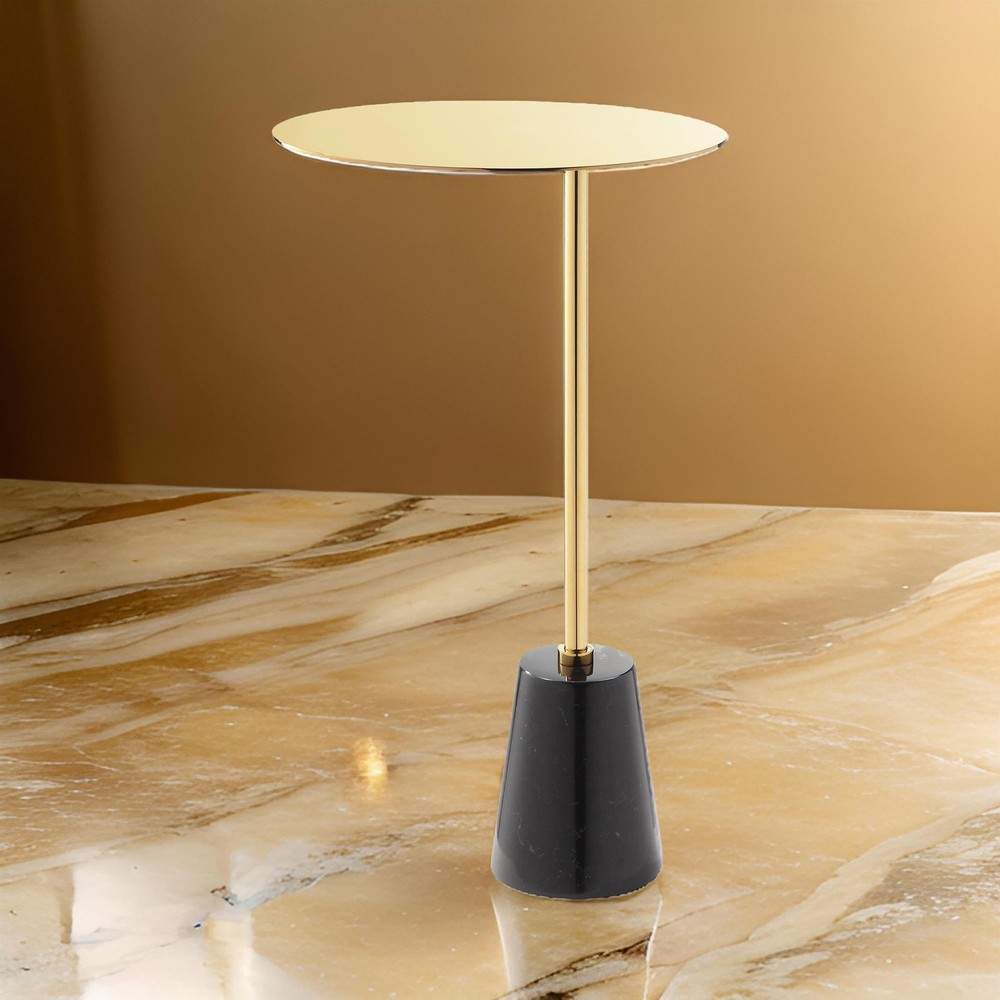 Benjara Frank 12" Drink Side End Table- Gold Top- Black Marble Solid Cone Base