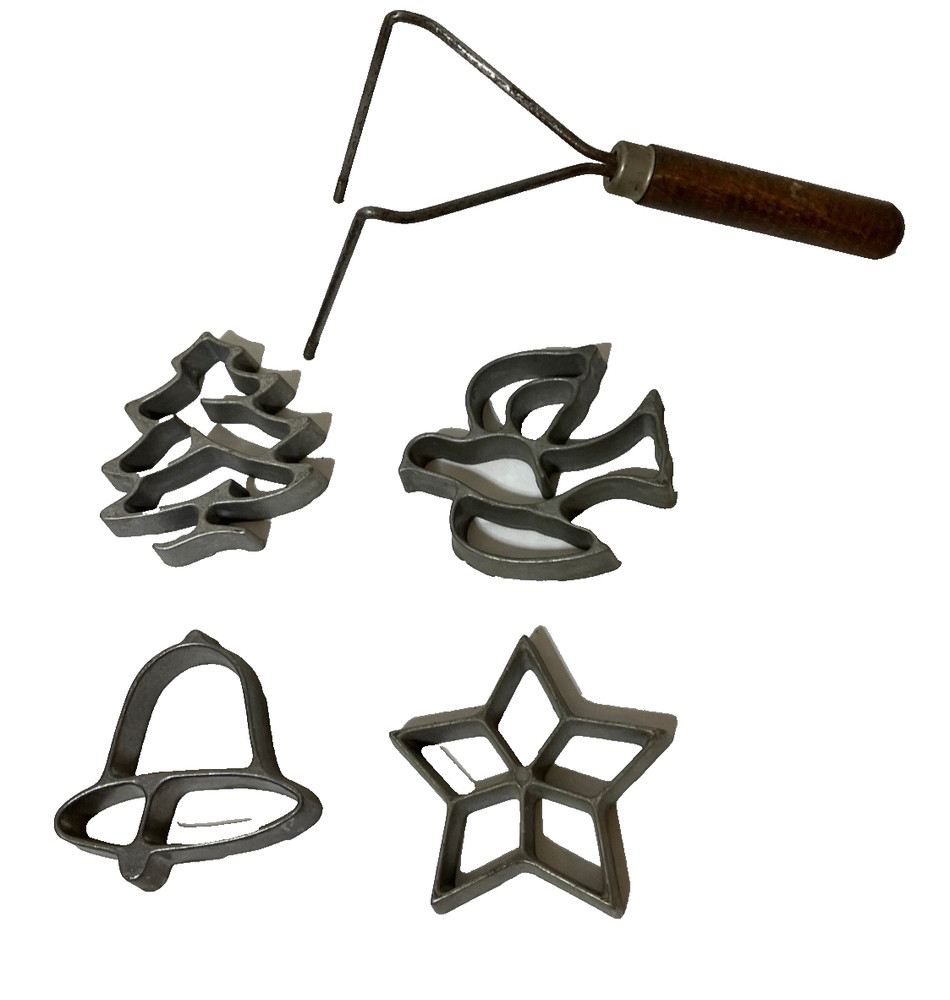 Vintage 4 Holiday Cookie Irons & Handle