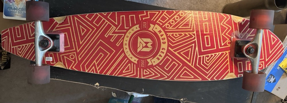 Madd Gear Complete Longboard Red Geometric Design with Trucks & Wheels