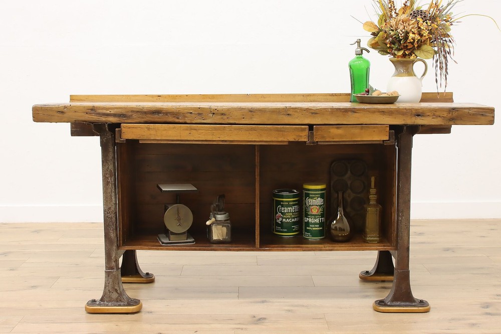 Industrial Antique Elm Workbench Wine Table Kitchen Island #55902