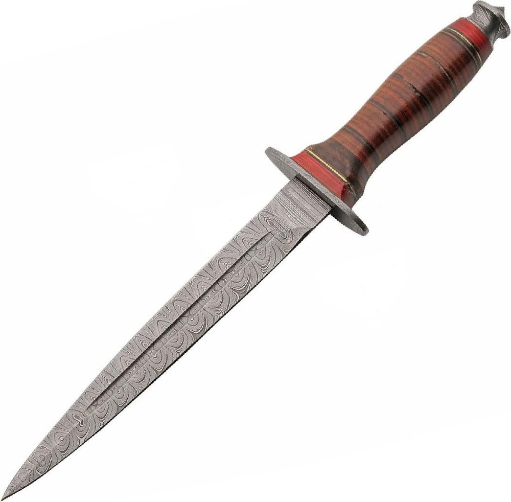 Commando Dagger Knife | Damascus Steel 8in Blade Leather Handle + Sheath