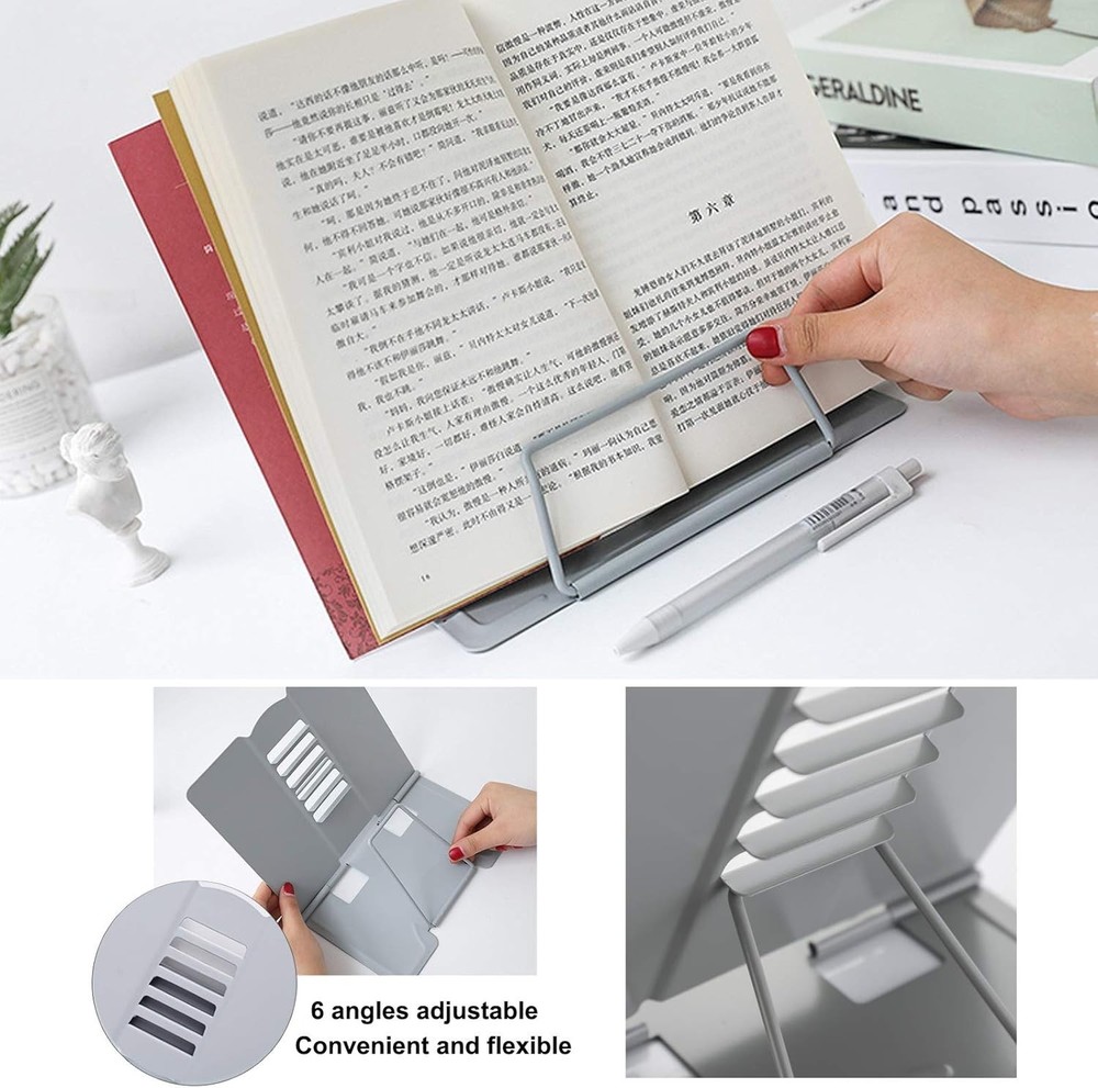 Portable and Foldable Grey Book Holder with 6 Adjustable Positions