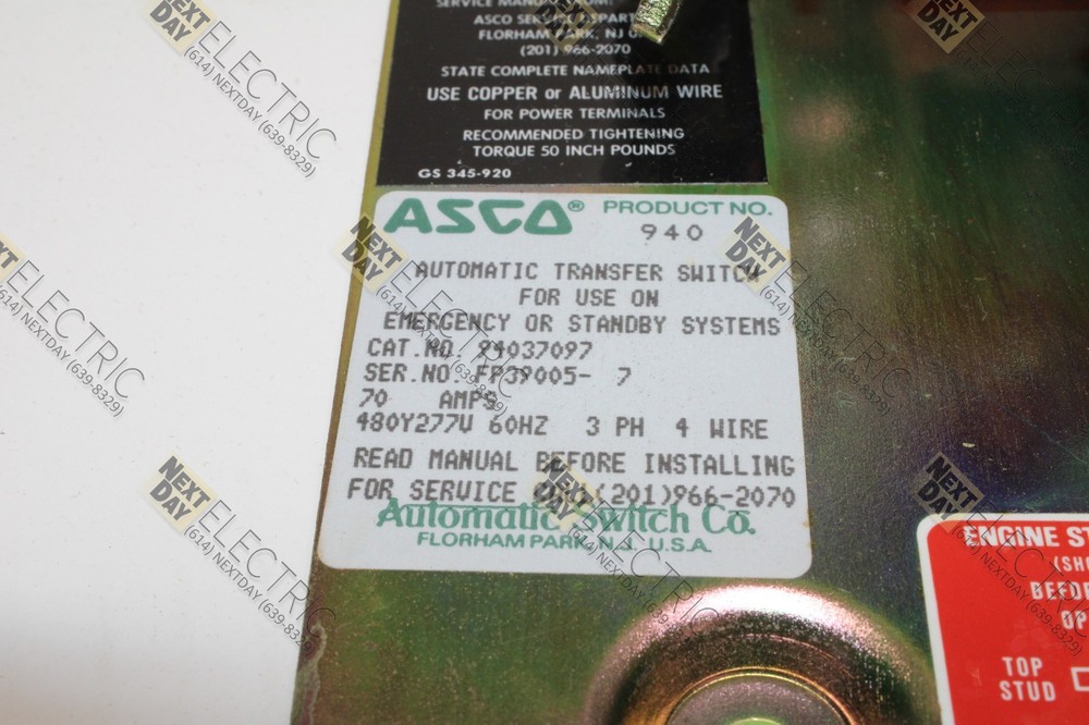 Asco, 94037097, 70a Transfer Switch Automatic Standby Generator Emergency 3ph
