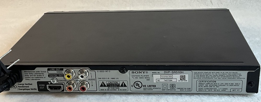 Sony CD DVD Player DVP-SR510H 1080p NO REMOTE Includes HDMI Cable TESTED